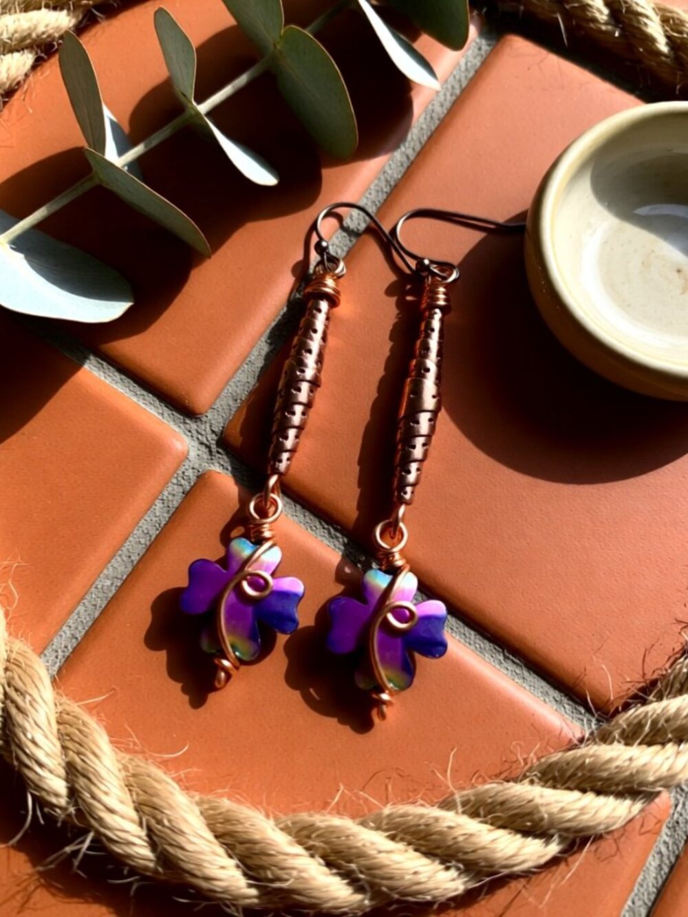 Mauve + Purple Hues! 4 Leaf Clover Dangle Earrings! Positive Vibes & Good Luck
